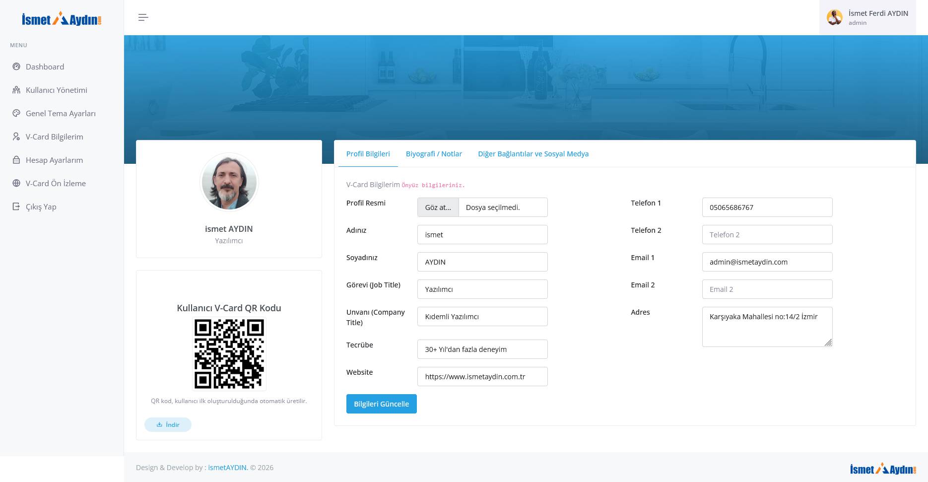 V-Card Detaylı Bilgi Düzenleme Alanı